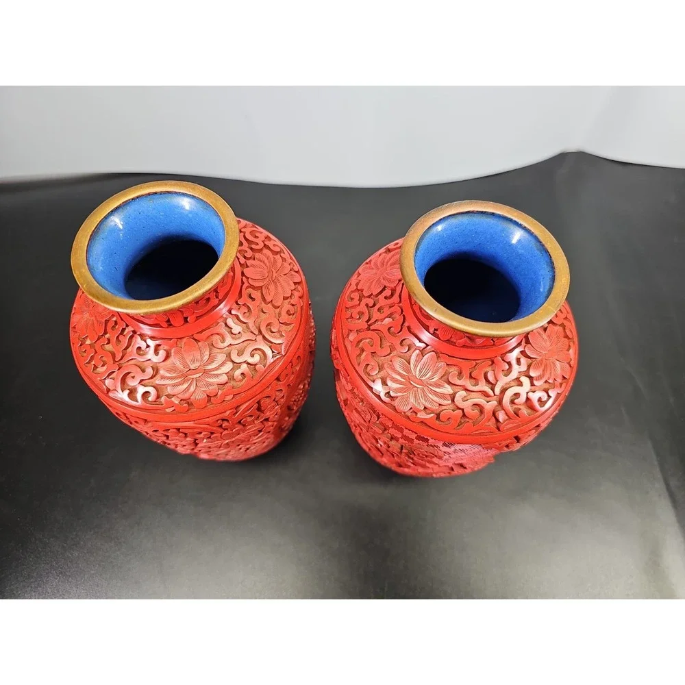 LARGE FINE PAIR OF CHINESE MEI PING CINNABAR BLUE ENAMEL BRASS VASE 30cm TALL